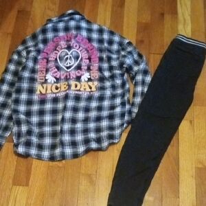 girl 10 black skinny jeans, long sleeve checkered button front, with back logo